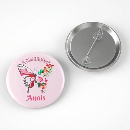 Gepersonaliseerde button met tekst - De vlindergroep
