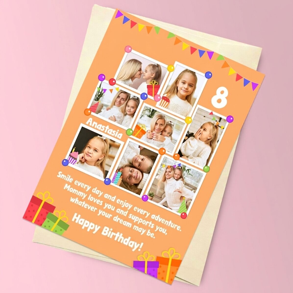 Carte de vœux magnétique personnalisée avec 8 photos et un message pour les enfants - Anniversaire