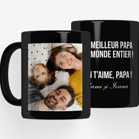Tasse noire personnalisée avec une photo et un message