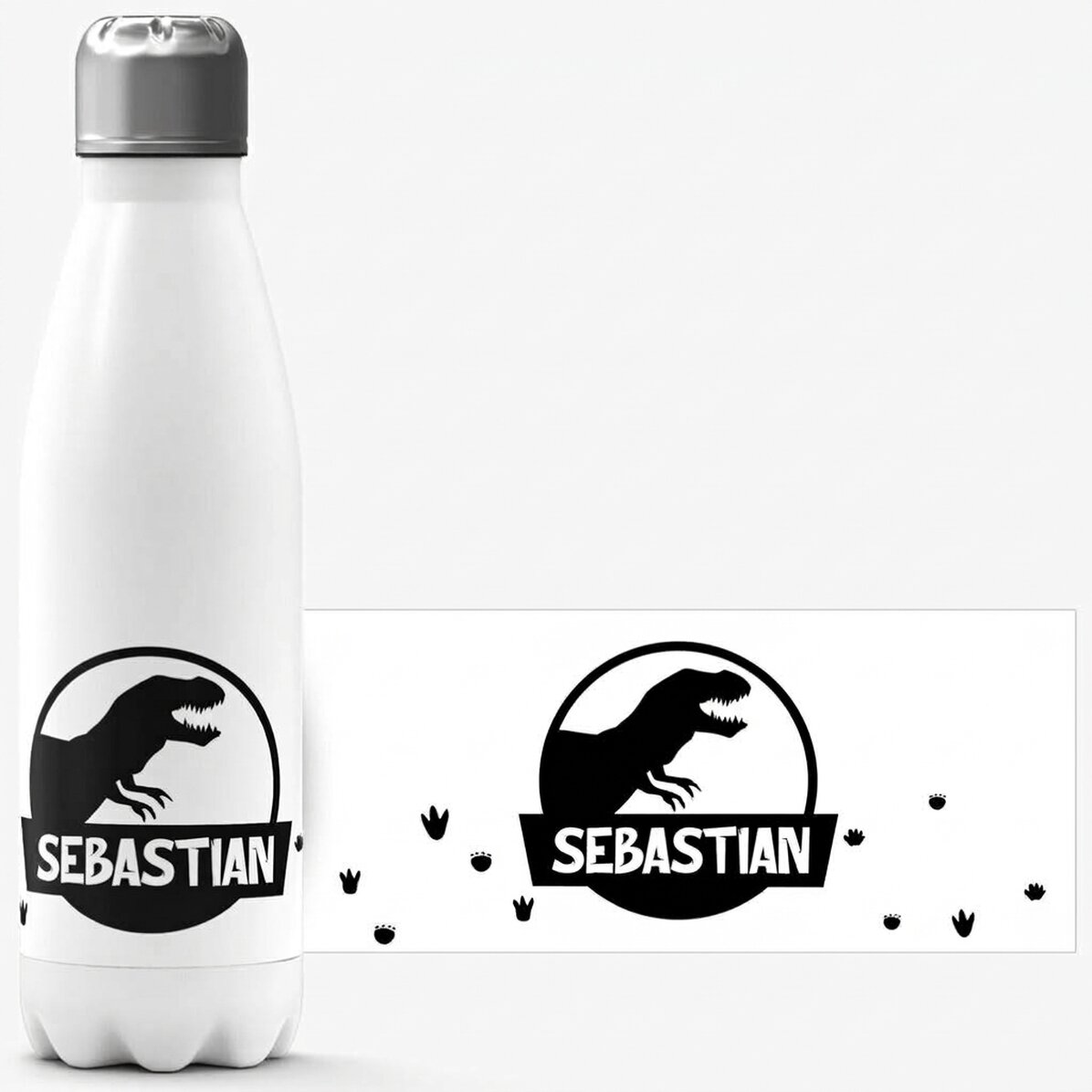 Gepersonaliseerde thermosfles met witte bodem en naam - Zwarte T-Rex-dinosaurus