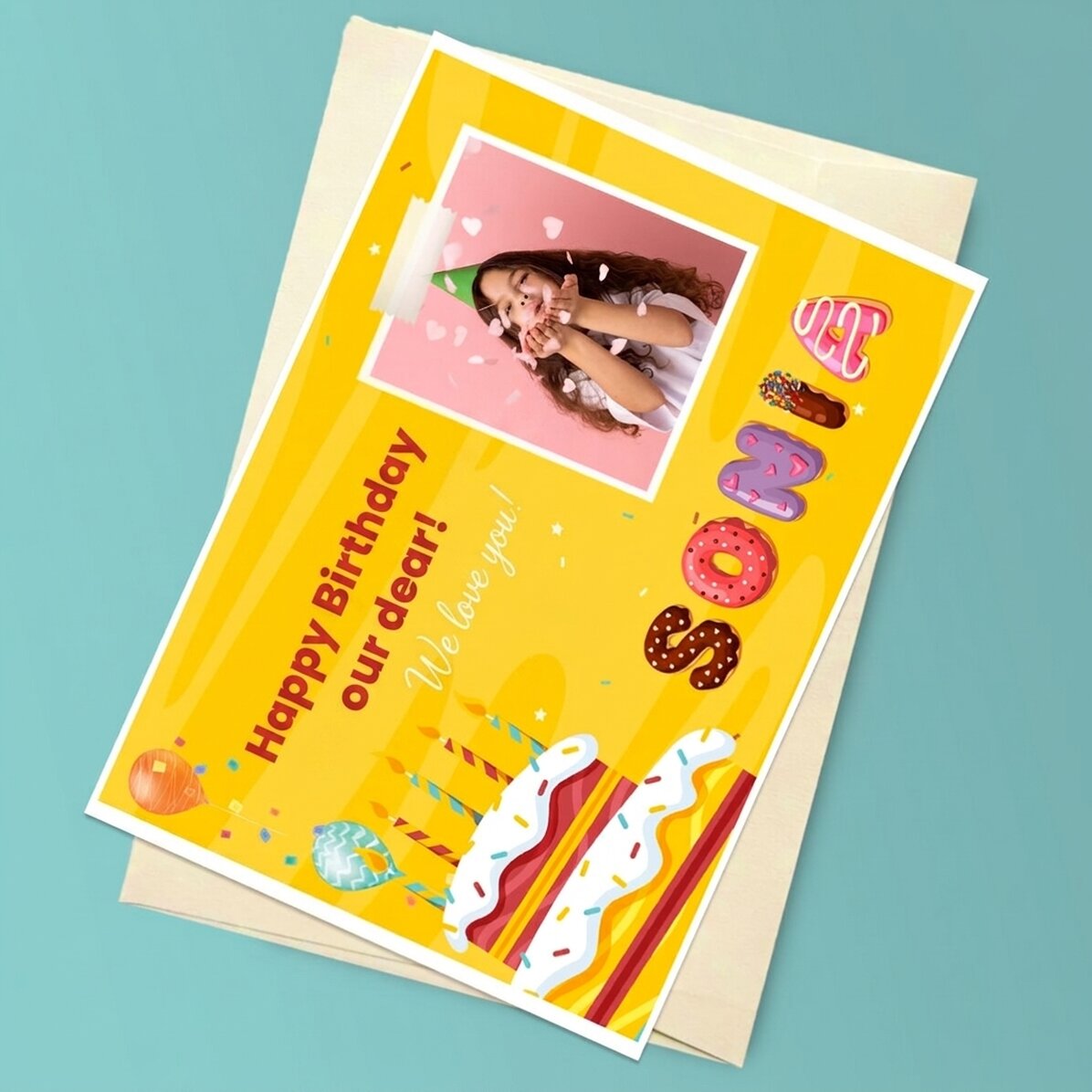 Gepersonaliseerde magnetische wenskaart met een foto, tekst en een speciale naam - Verjaardag