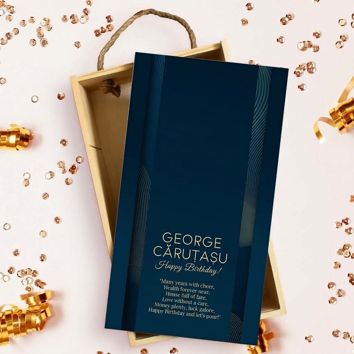 Coffret cadeau en bois personnalisé avec un message - Bleu marine et or