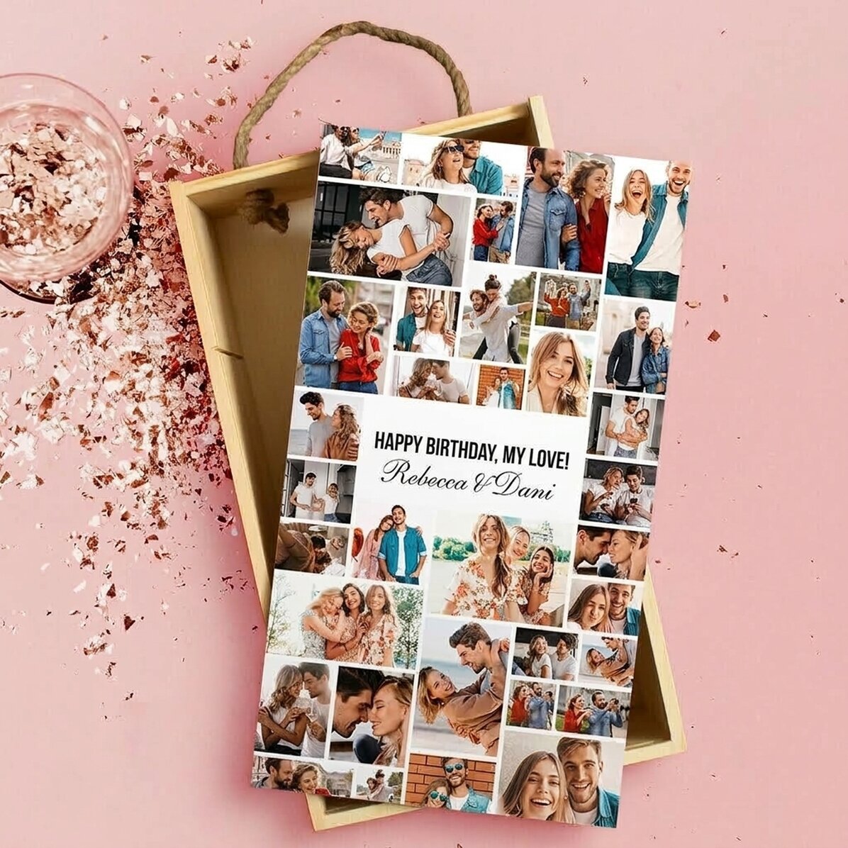 Gepersonaliseerde houten geschenkdoos met 35 foto’s en tekst