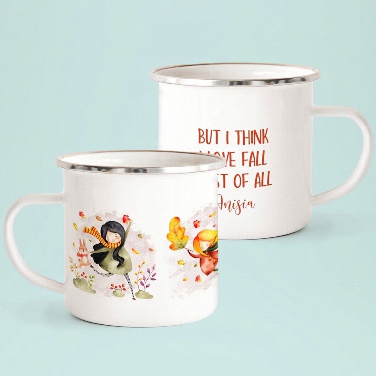 Tasse en métal émaillée avec inscription - « I love fall most of all »