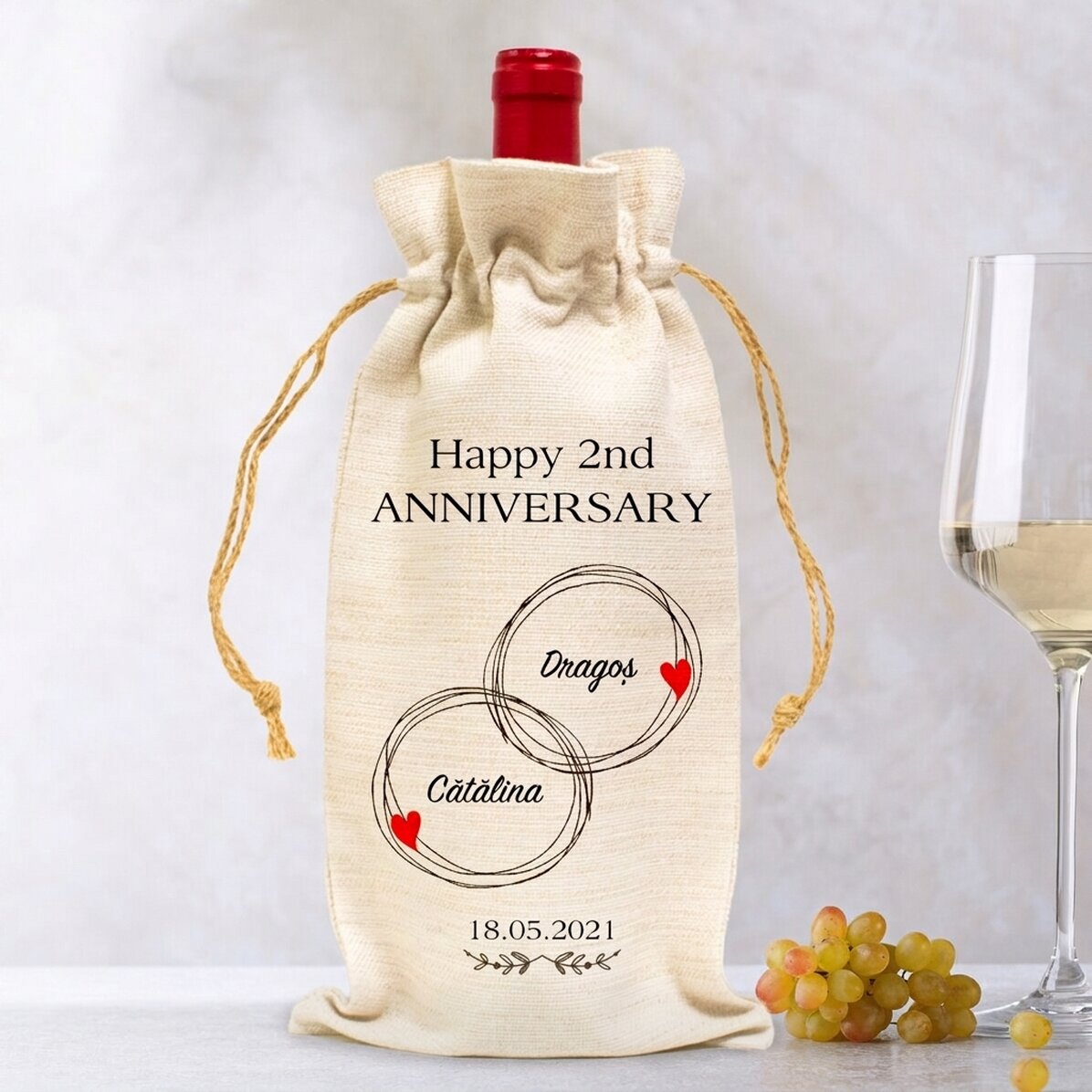 Gepersonaliseerd zakje voor een fles wijn - Verjaardag van een stel