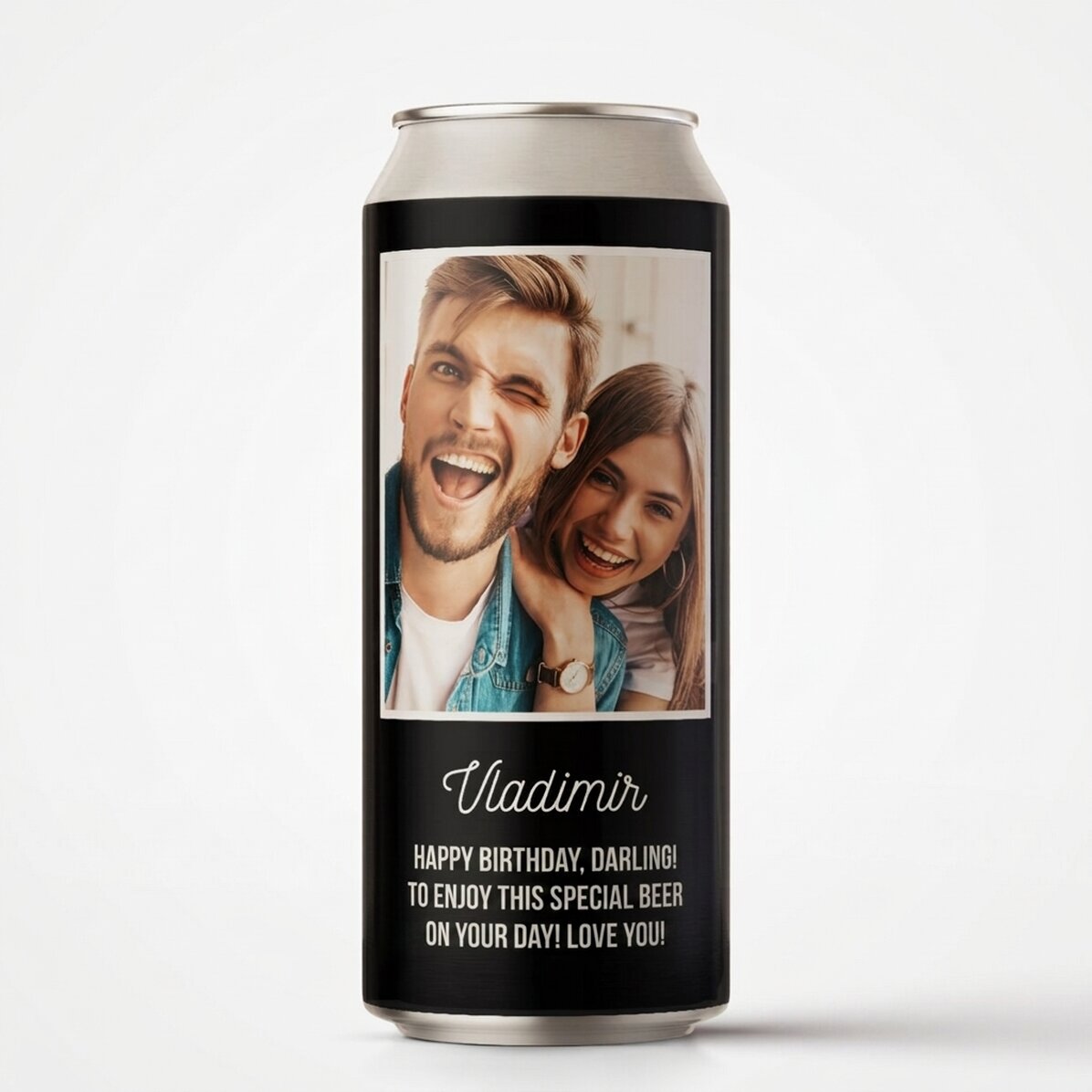 Bière en canette personnalisée avec une photo et un message