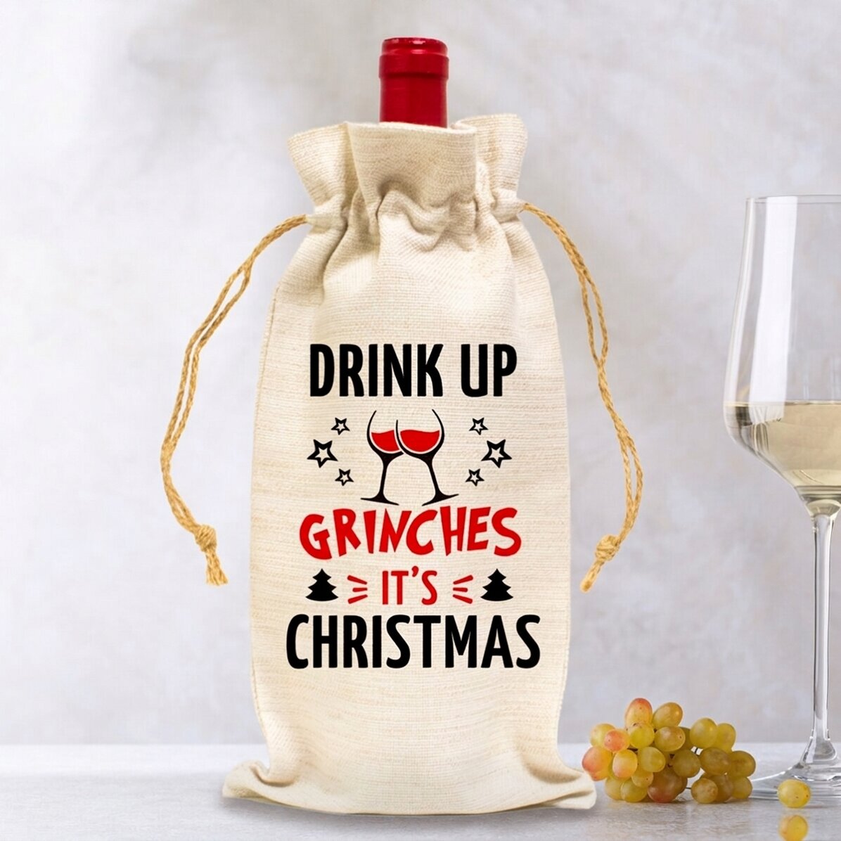 Sac personnalisé pour bouteille de vin - Drink up Grinches