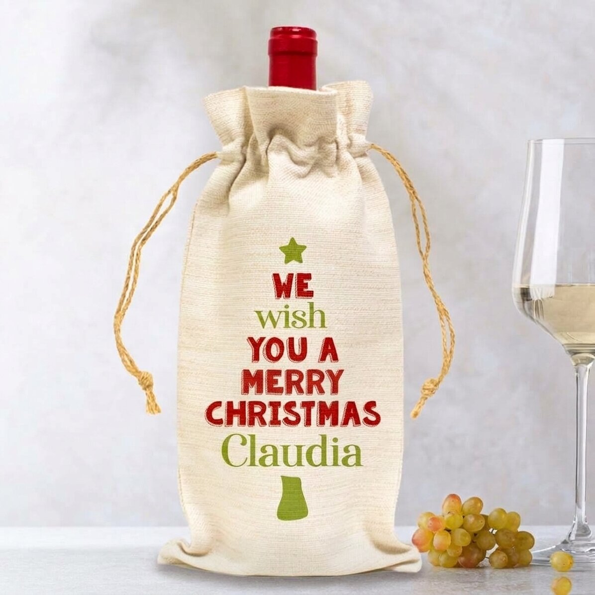 Gepersonaliseerd zakje voor een fles wijn - We wish you a Merry Christmas