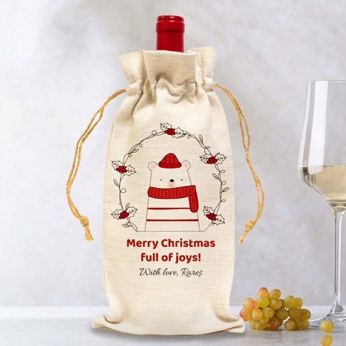 Gepersonaliseerd zakje voor een fles wijn - Model: feestelijk beertje