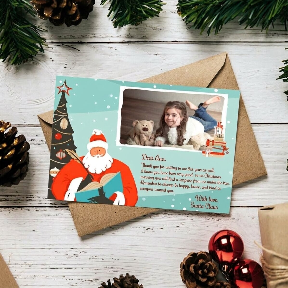 Gepersonaliseerde magnetische wenskaart met een foto en een boodschap - Brief van de Kerstman
