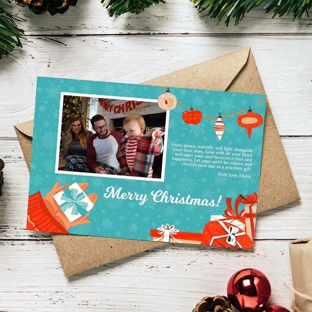 Carte de vœux magnétique personnalisée avec une photo et un message - Modèle Cadeaux