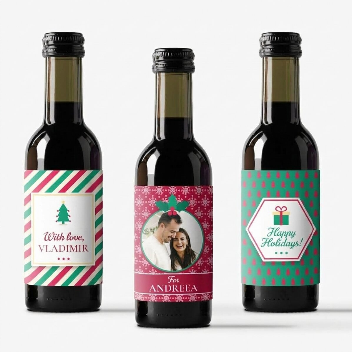 Lot de 3 mini-bouteilles de vin personnalisées avec une photo et un texte - Joyeux Noël !