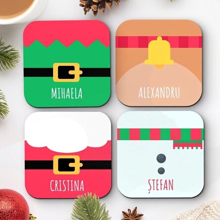 Set van 4 gepersonaliseerde onderzetters met tekst - Kerstfiguren