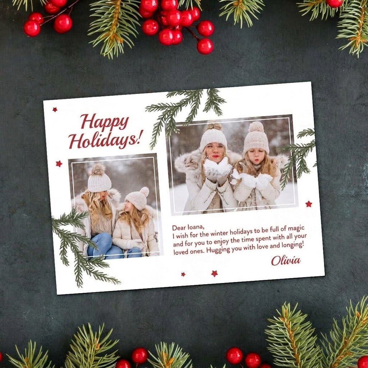 Gepersonaliseerde magnetische kerstkaart met 2 foto