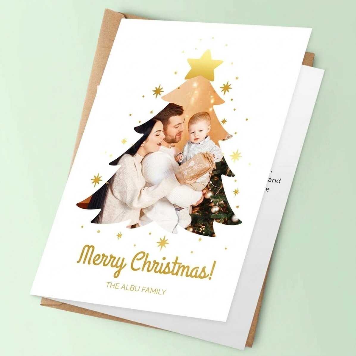Gepersonaliseerde wenskaart met familiefoto en boodschap - Kerstboom