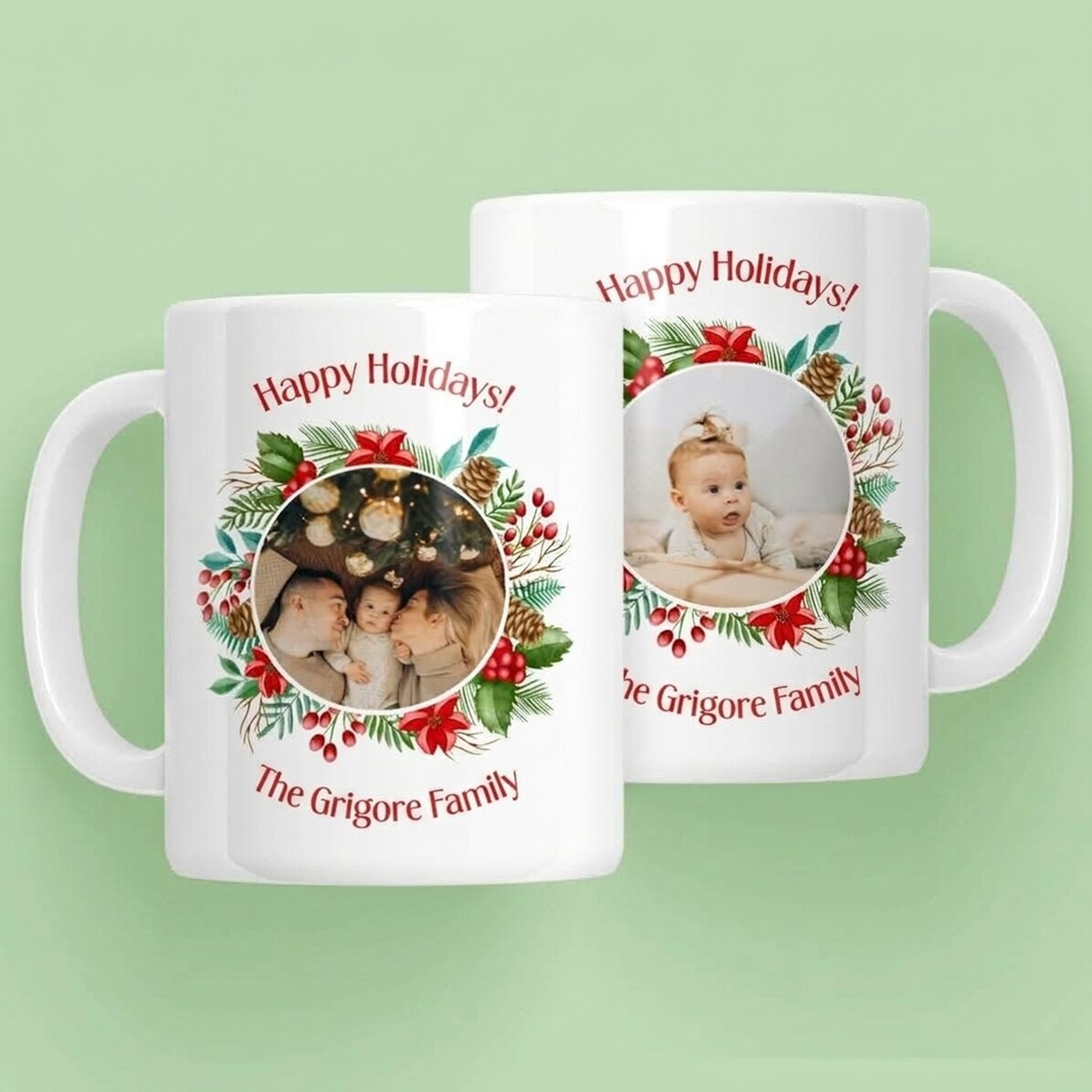 Tasse personnalisée avec 2 photos et un message - Joyeuses fêtes !