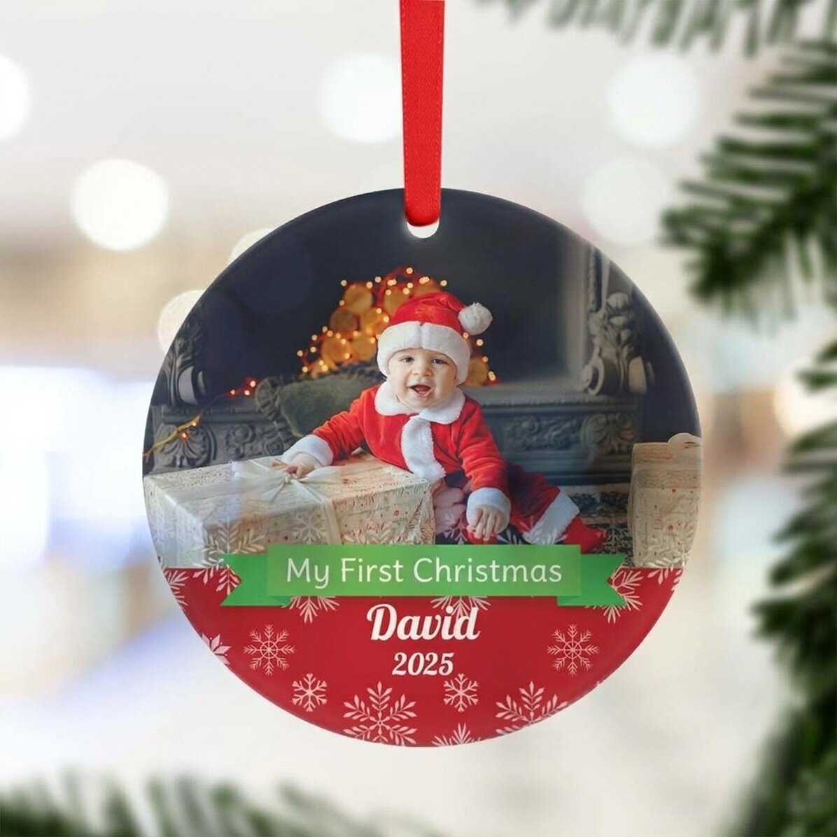 Ronde gepersonaliseerde decoratie met foto en tekst - Mijn eerste Kerstmis