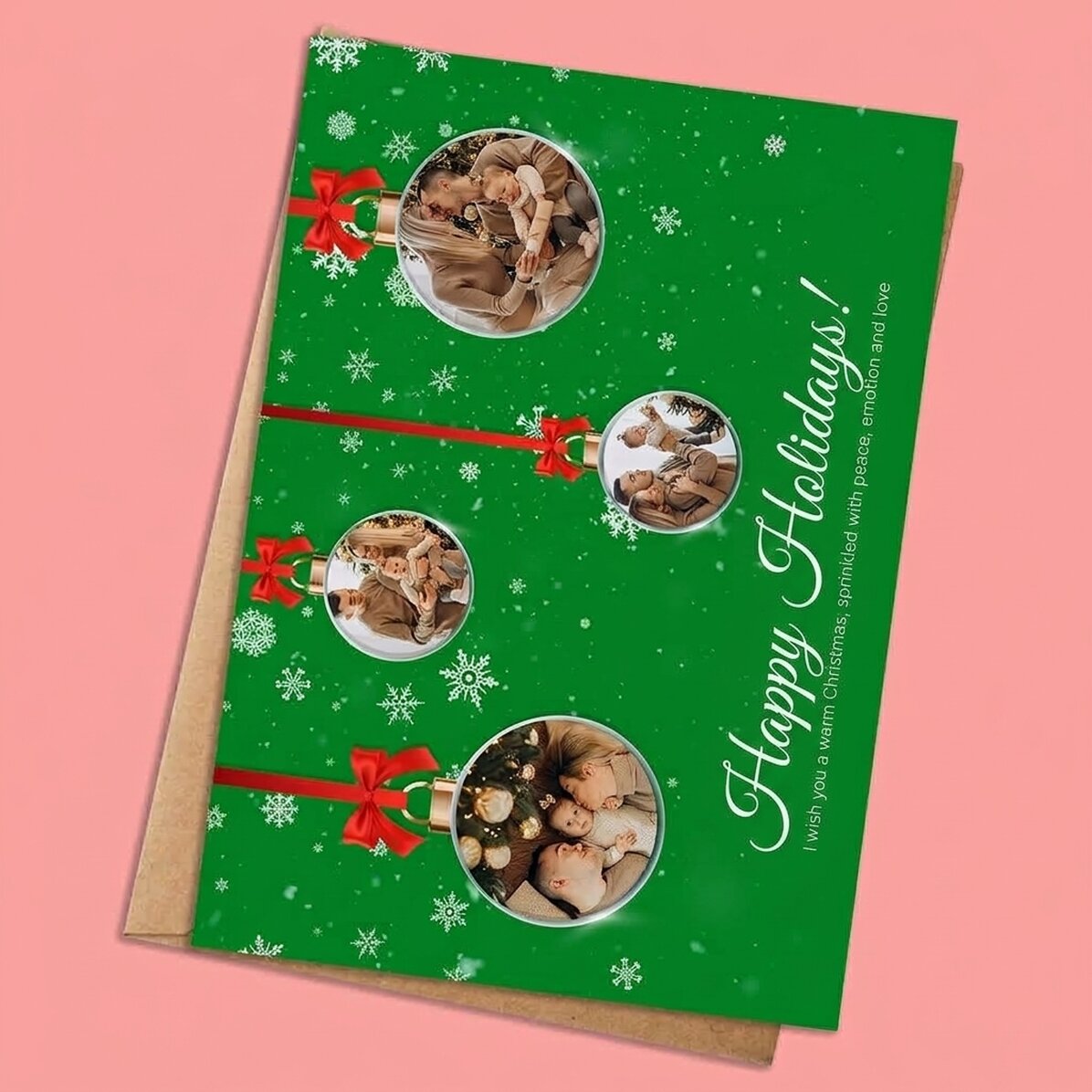 Gepersonaliseerde kerstkaart met 4 foto’s en tekst – Model ‘Globulete’