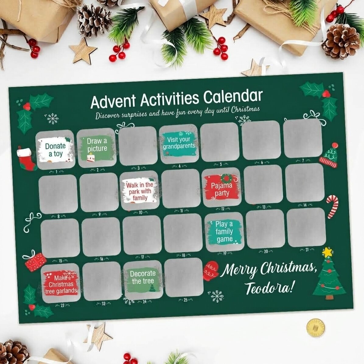 Gepersonaliseerde, afkrabbare adventsposter met teksten - Activiteiten