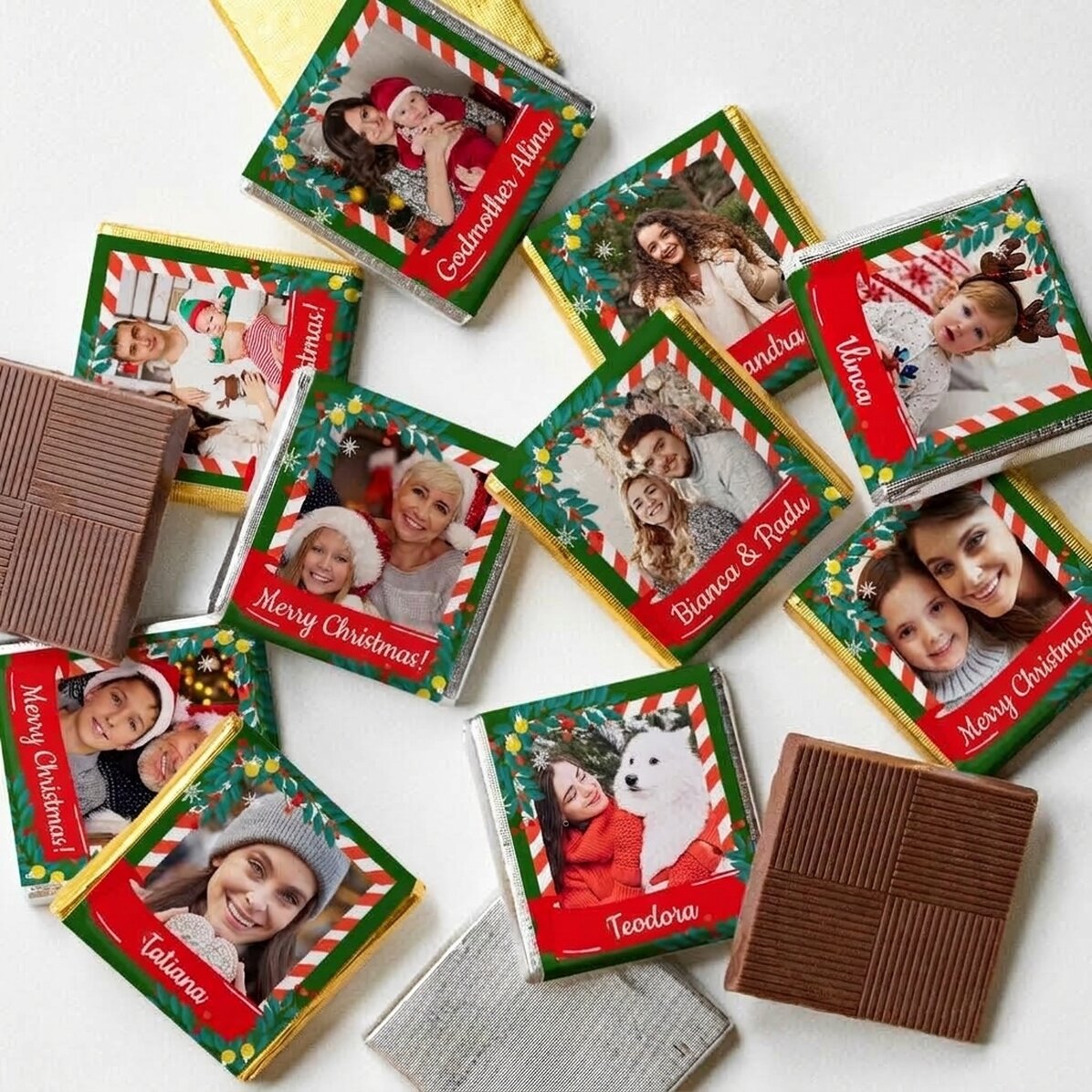 Lot de 10 mini-chocolats personnalisés avec photos et prénoms - Un Noël de conte de fées
