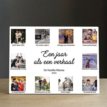 Gepersonaliseerde fotolijst voor op het bureau met 10 foto’s en tekst – Een jaar vol verhalen