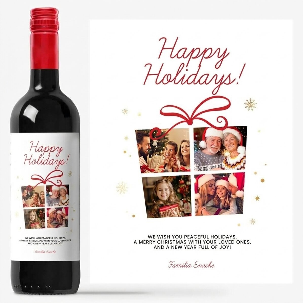 Vin personnalisé avec 4 photos et un message spécial - Joyeuses fêtes