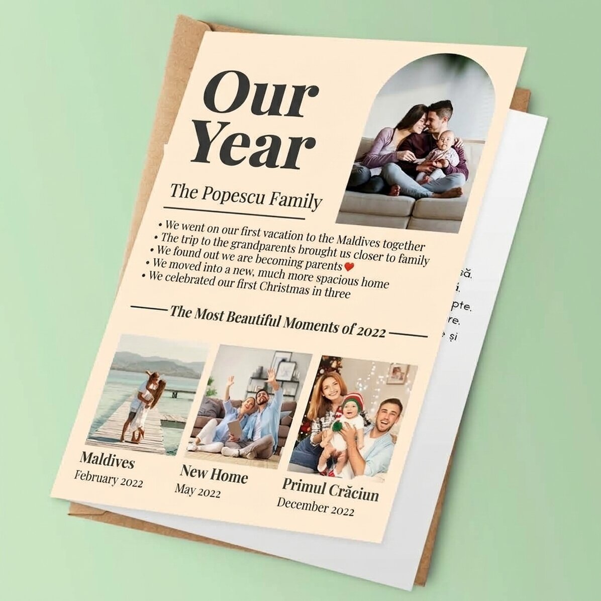 Gepersonaliseerde wenskaart met 4 familiefoto’s en tekst – Ons jaar in beeld