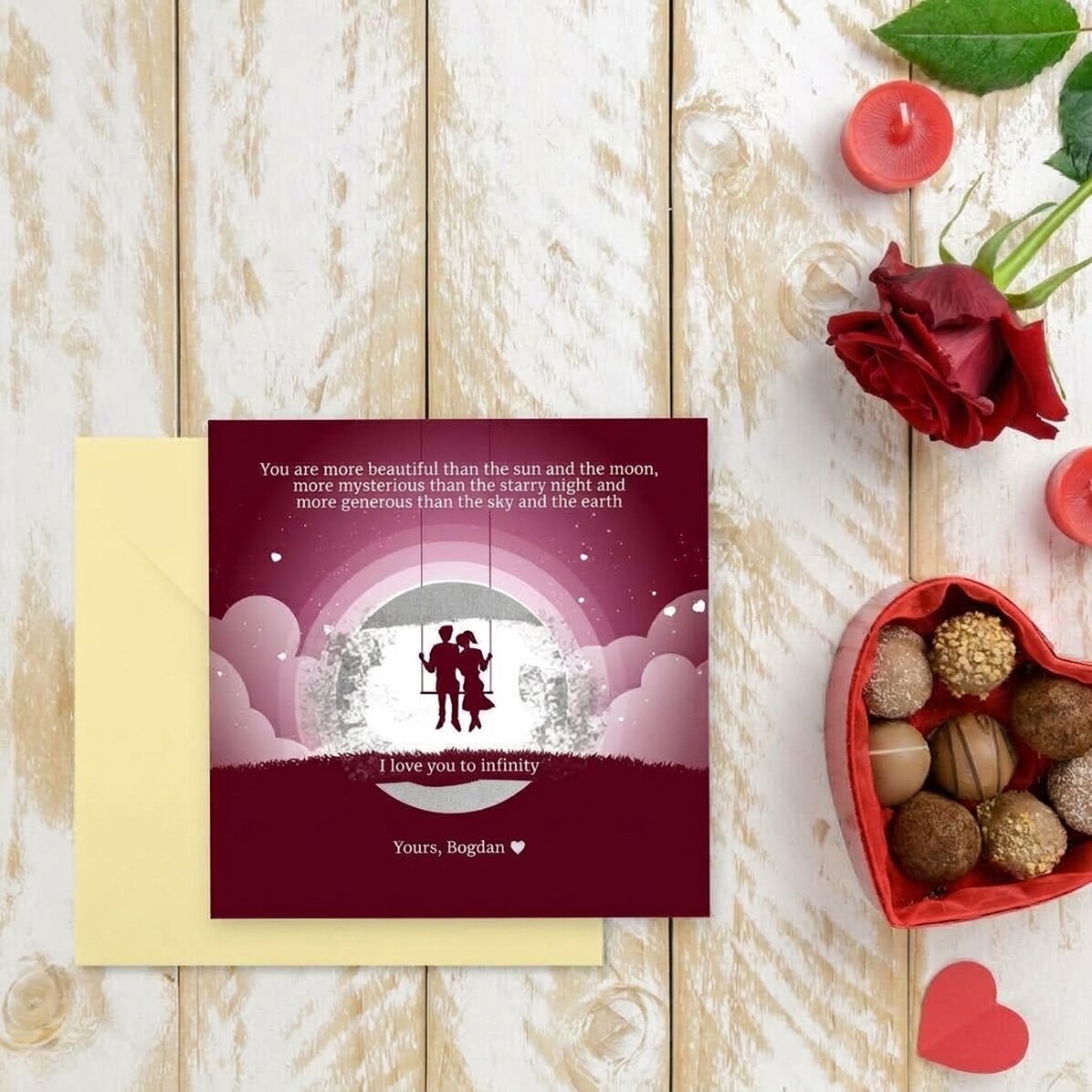 Carte à gratter personnalisée avec message - Paysage nocturne pour la Saint-Valentin