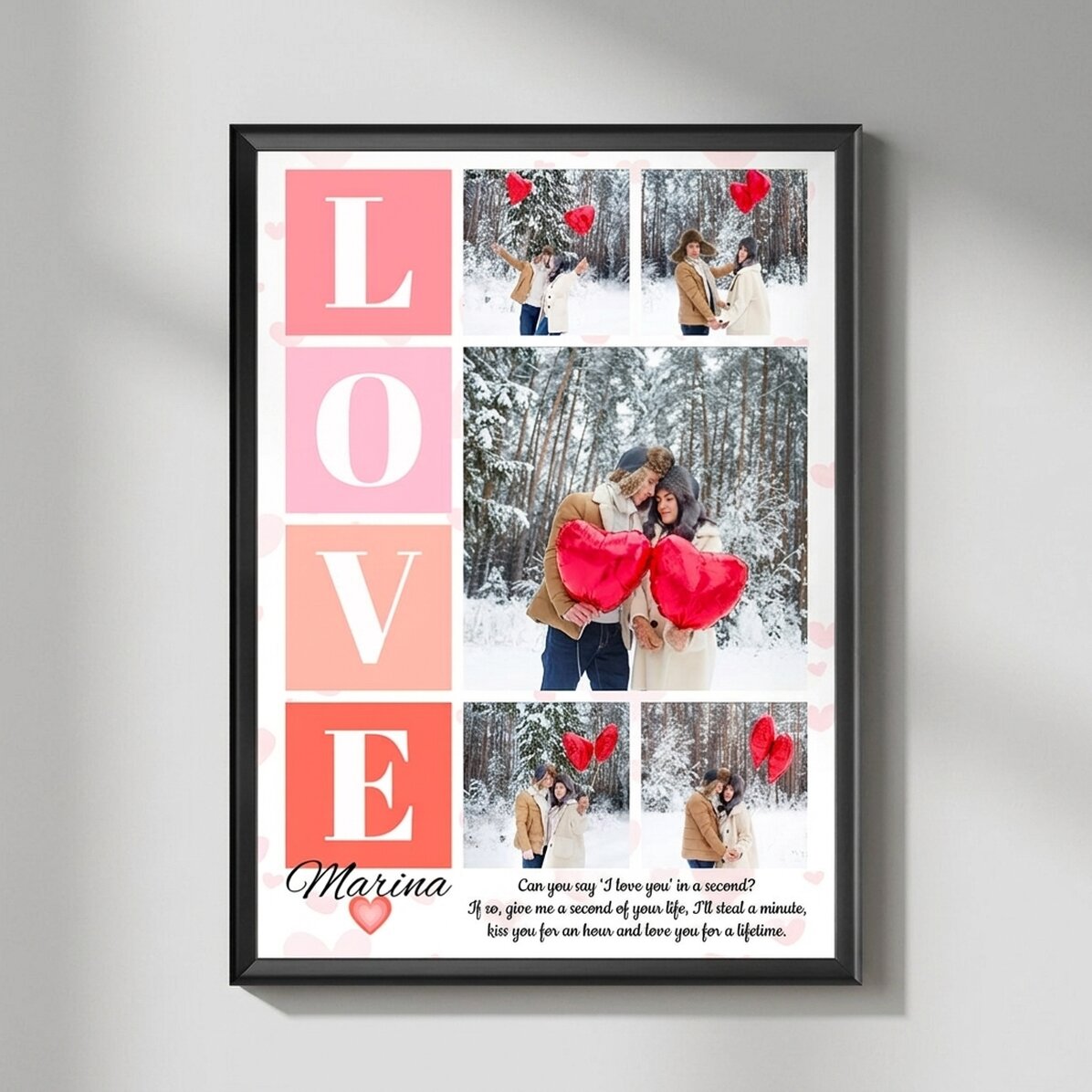 Gepersonaliseerd schilderij met 5 foto’s en een boodschap voor verliefden