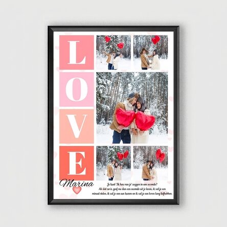 Gepersonaliseerd schilderij met 5 foto’s en een boodschap voor verliefden