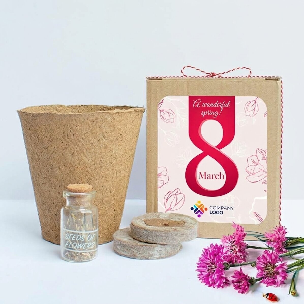 Kit de plantation de fleurs de printemps dans une petite boîte personnalisée avec logo et message - 