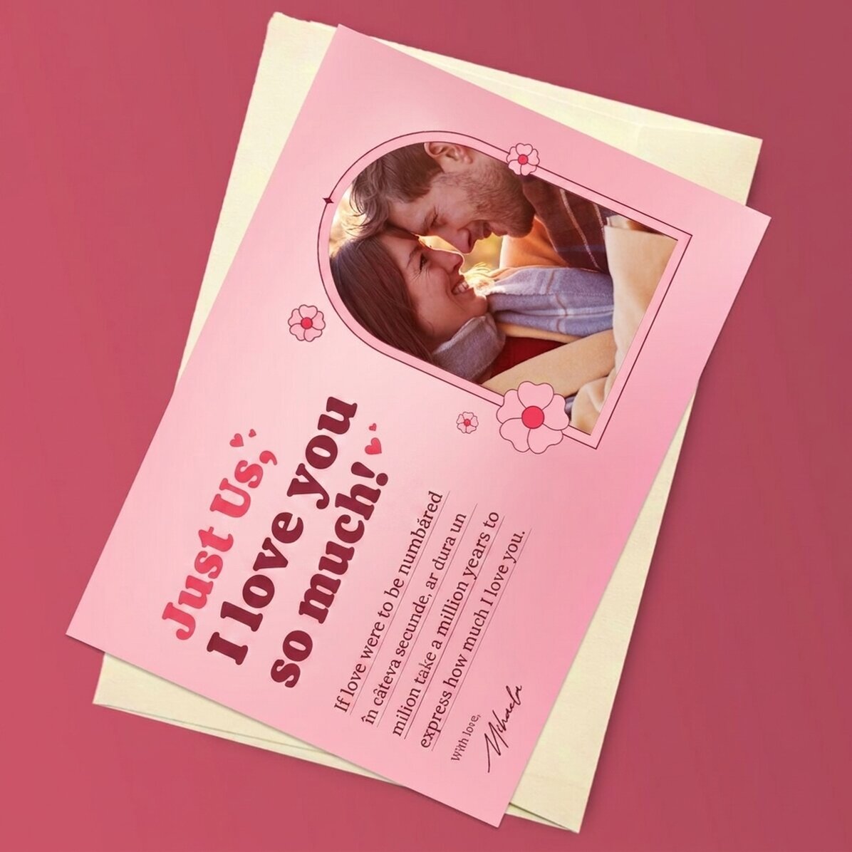 Gepersonaliseerde magnetische wenskaart met een foto en een liefdesboodschap - Love story