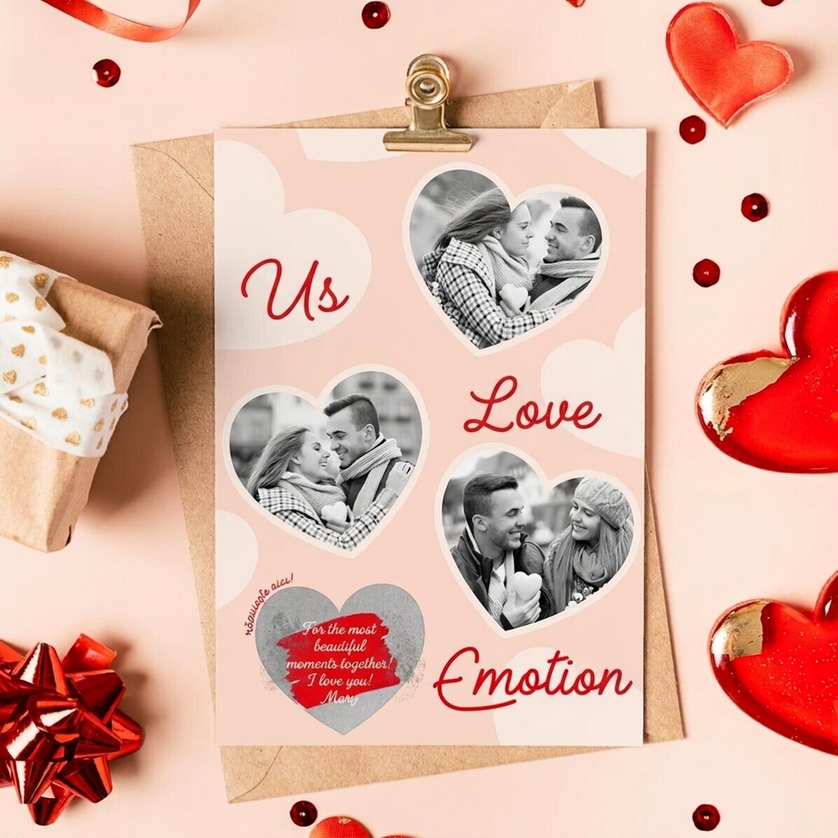 Carte à gratter personnalisée avec 3 photos et un texte - Émotion et amour