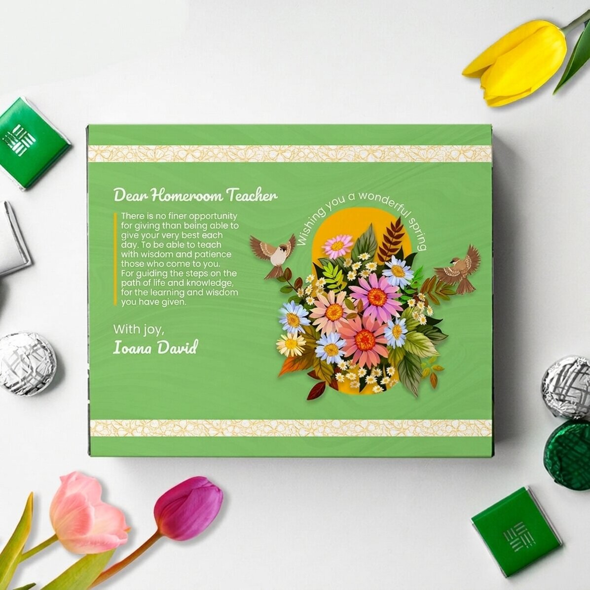 Boîte de bonbons personnalisée avec un message pour la professeure principale - Un printemps merveil