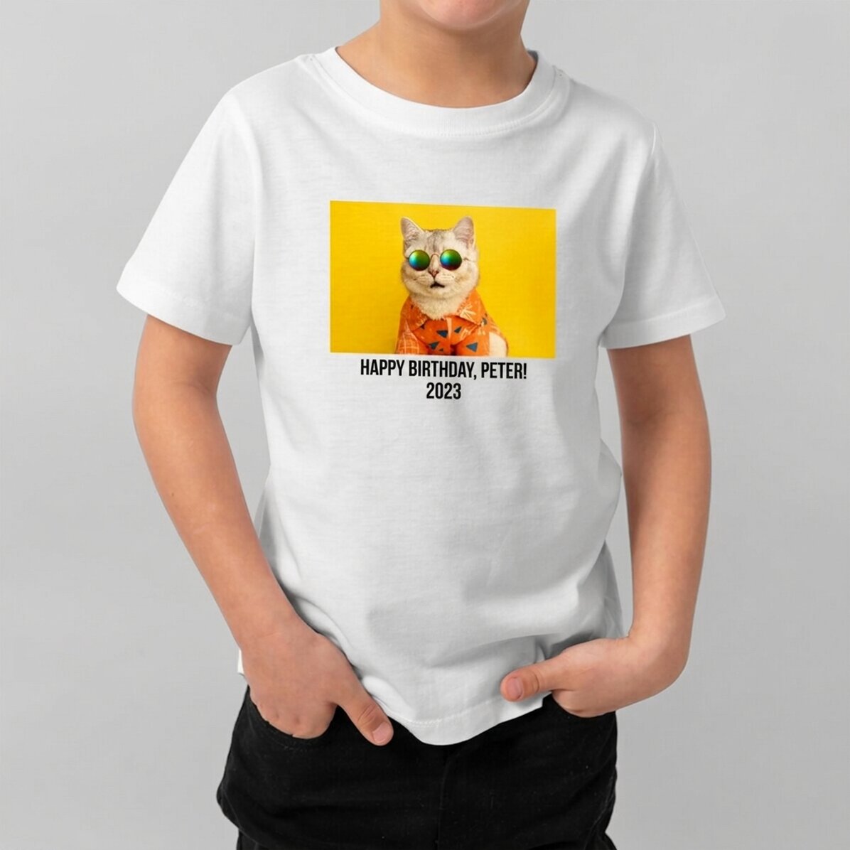 Katoenen T-shirt voor kinderen, gepersonaliseerd met een landschapsfoto en tekst