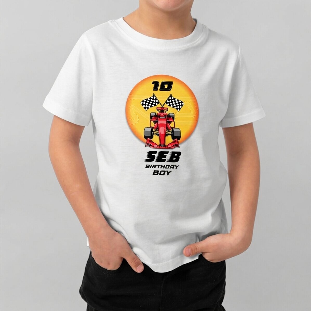 Katoenen T-shirt voor kinderen, gepersonaliseerd met tekst - Formule 1