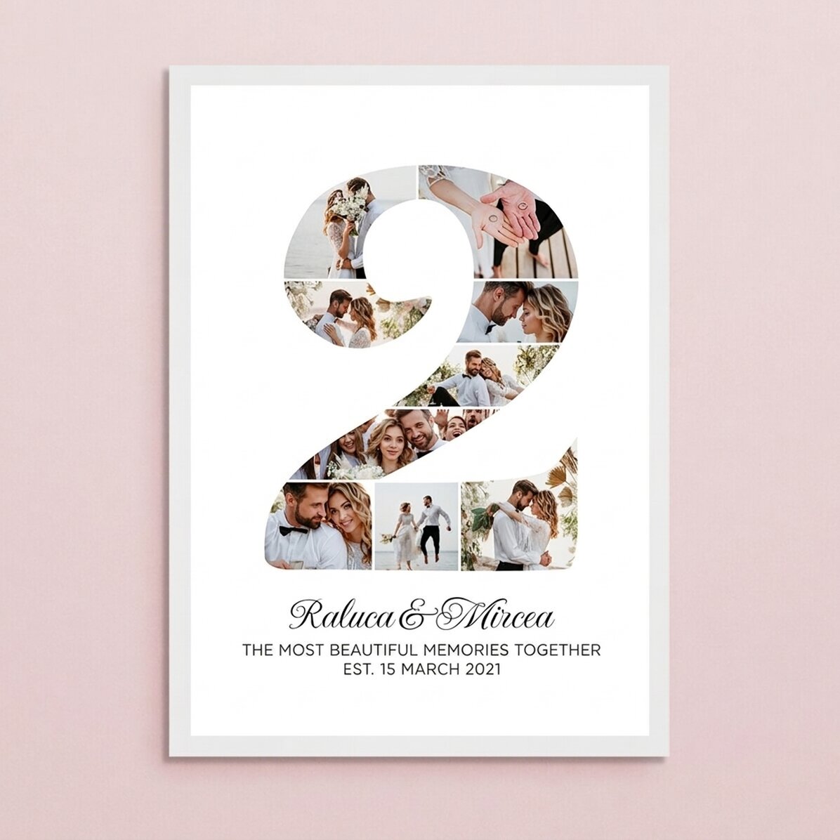 Tableau personnalisé avec le chiffre 2, des photos et un message - Anniversaire de relation