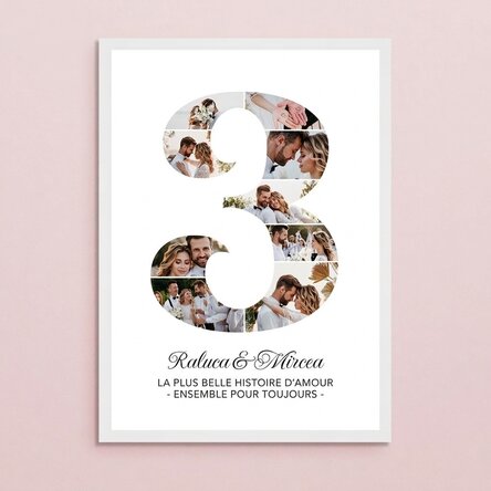 Tableau personnalisé avec le chiffre 3, des photos et un message - Anniversaire de relation