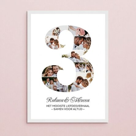 Gepersonaliseerd schilderij met het cijfer 3, foto’s en een boodschap – Verjaardag van de relatie