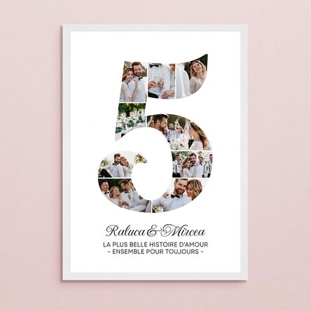 Tableau personnalisé avec le chiffre 5, des photos et un message - Anniversaire de relation