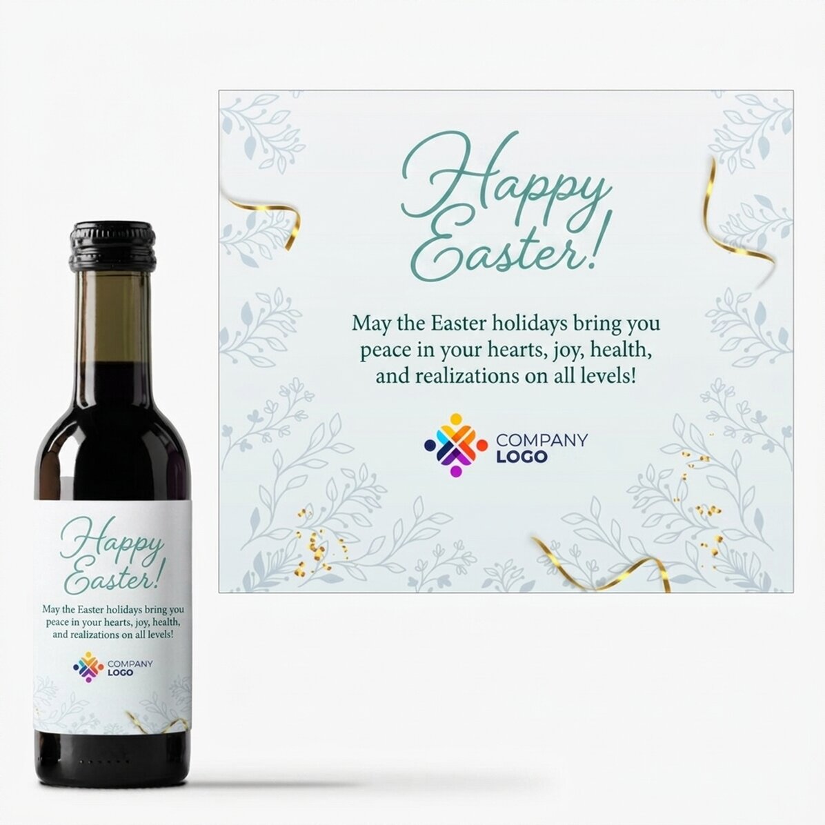 Mini-bouteille de vin personnalisée avec logo et message - Joyeuses Pâques !