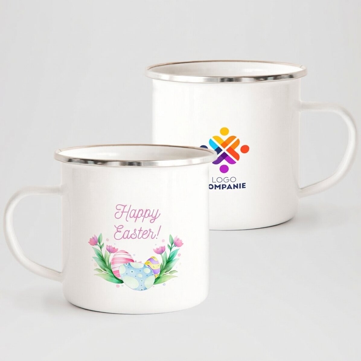 Tasse métallique émaillée personnalisée avec logo et texte - Joyeuses Pâques !