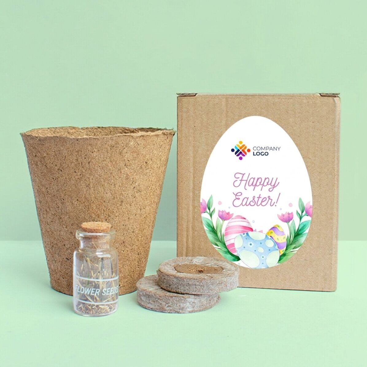 Kit de plantation de fleurs dans une petite boîte personnalisée avec logo et texte - Joyeuses Pâques