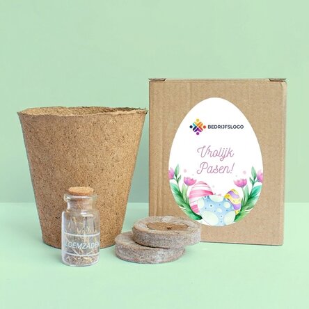 Bloemenplantpakket in een gepersonaliseerd doosje met logo en tekst - Vrolijk Pasen!