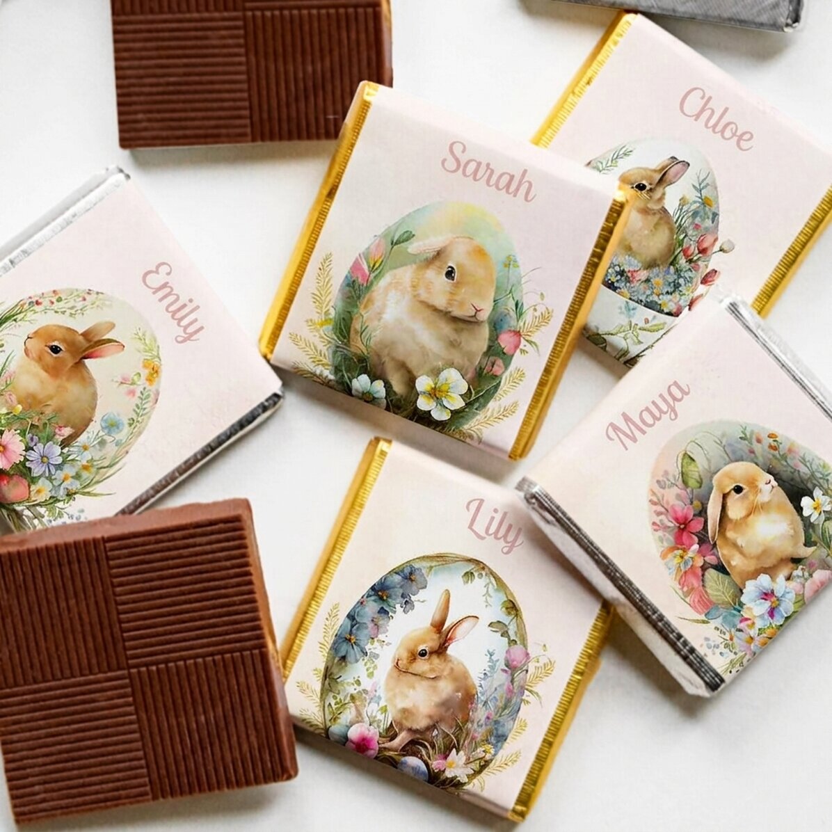 Set van 5 gepersonaliseerde minichocolade met boodschap - Paashazen