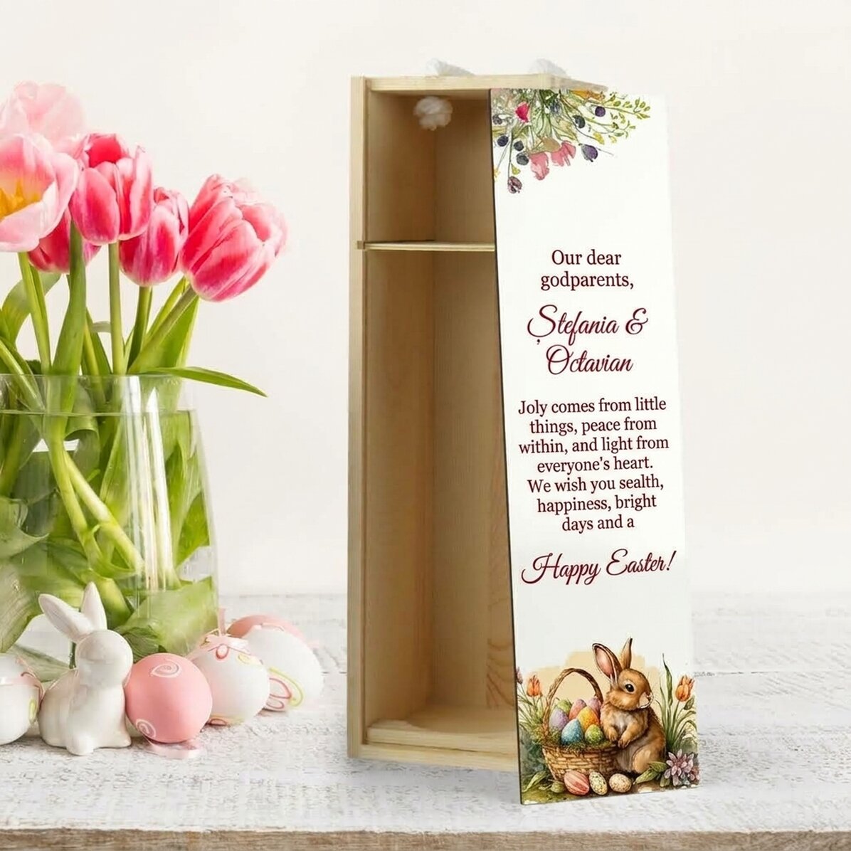 Coffret de vin personnalisé avec un message de Pâques