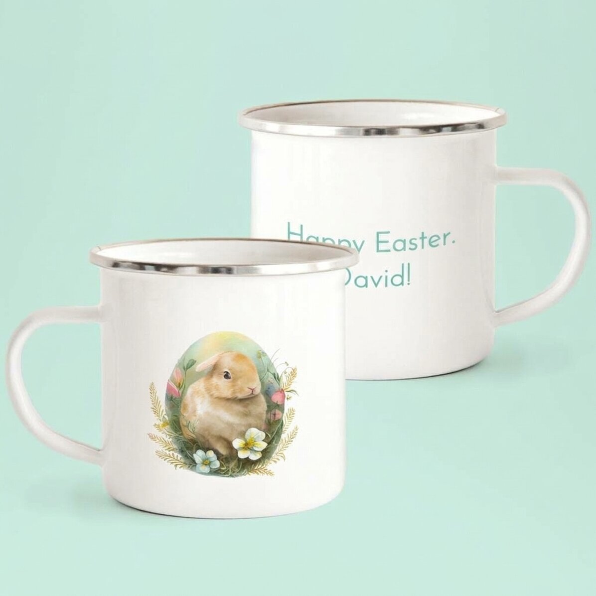 Tasse en métal émaillée personnalisée avec un message - Joyeuses Pâques !