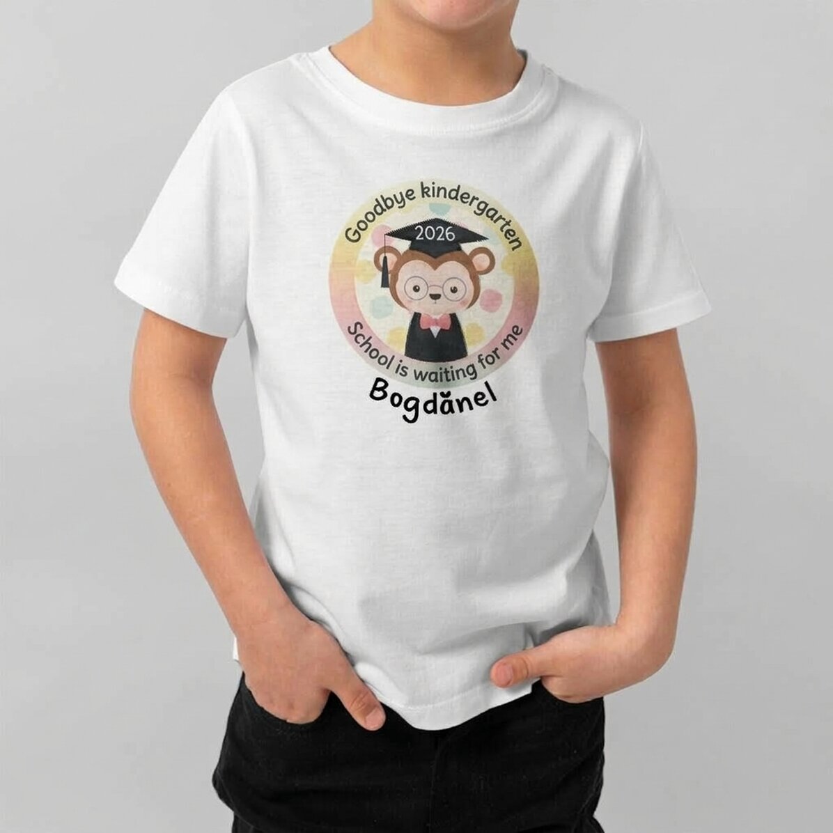 Katoenen T-shirt voor kinderen, gepersonaliseerd met tekst - Tot ziens, kleuterschool