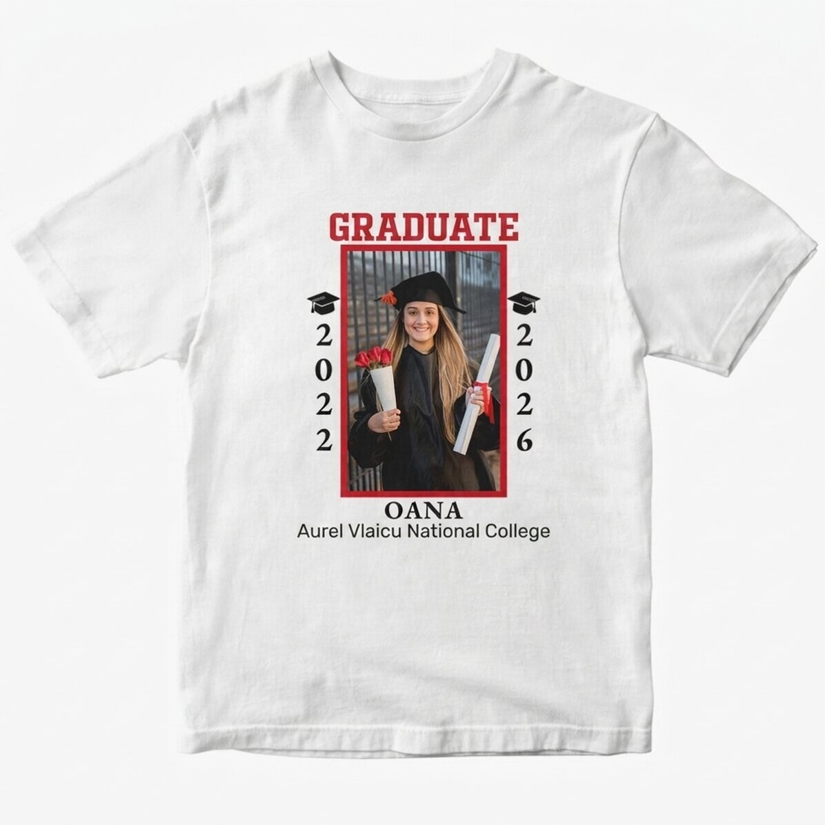 Gepersonaliseerd katoenen T-shirt met foto en tekst - Afstuderen