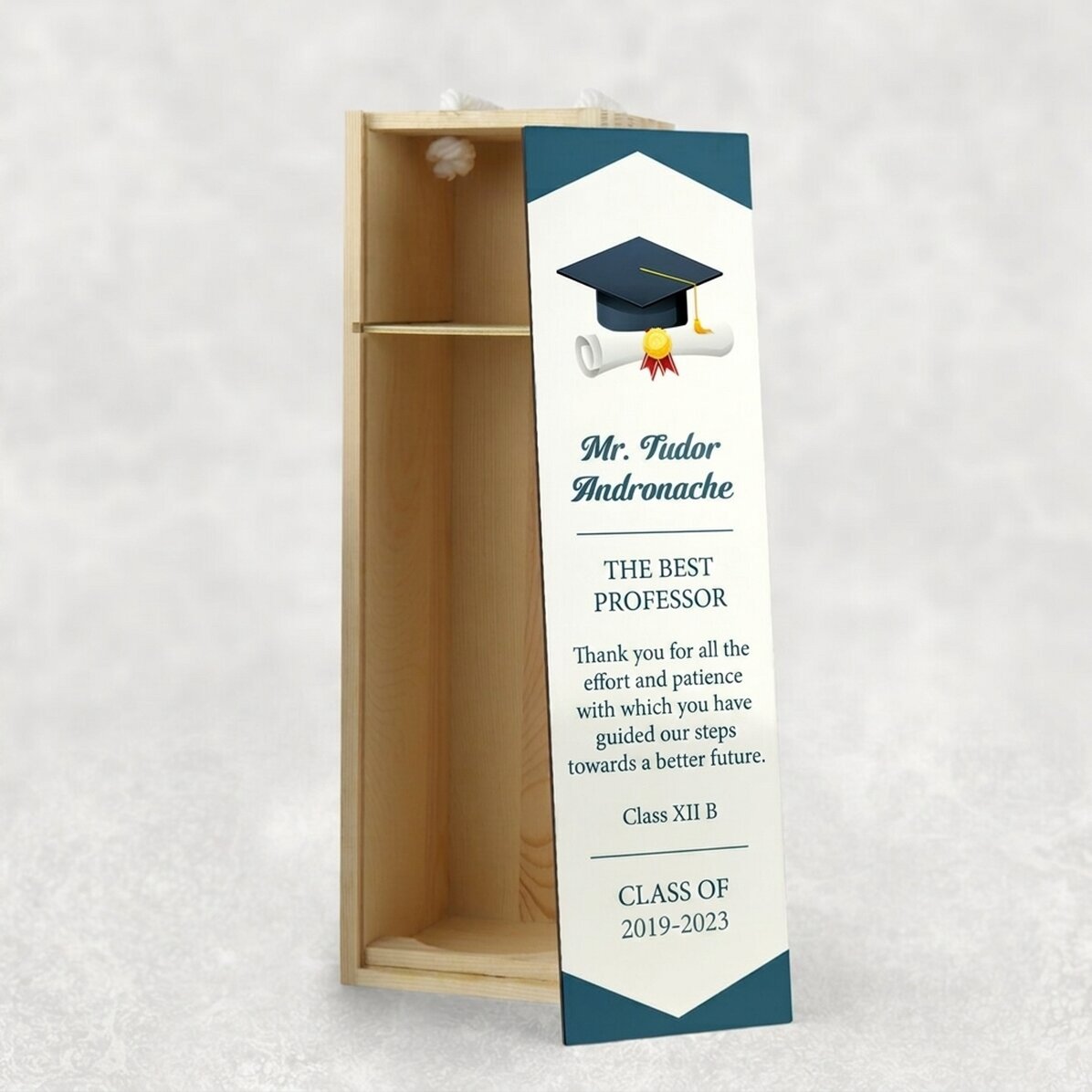 Coffret à vin pour une bouteille personnalisée avec un message de remise des diplômes